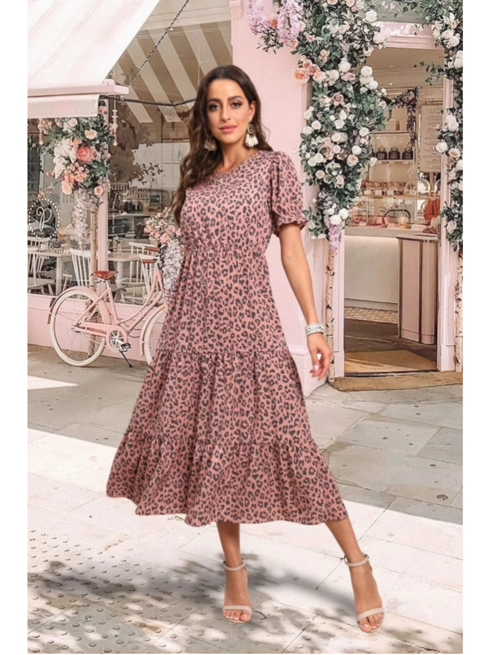 Grecerelle Women's Summer Casual Boho High Waist Leopard Print Midi Dress Small